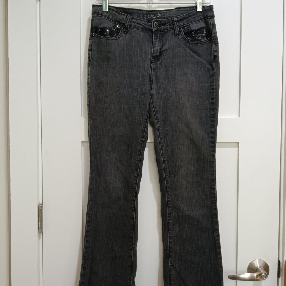 Cache Charcoal Gray Sequin Pocket Mid Rise Boot Cut Flare Jeans  - Fits like a 6